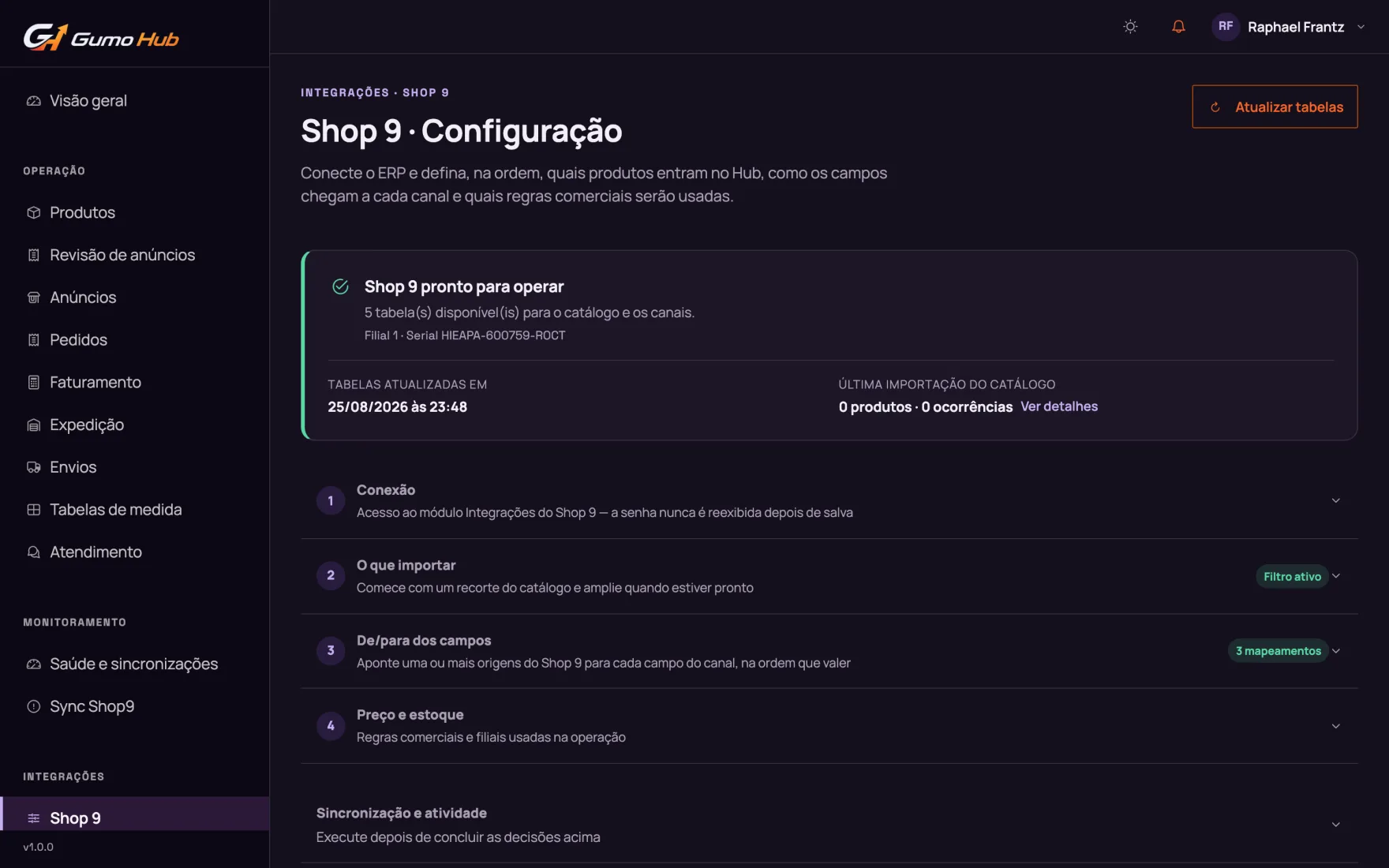 Tela de configuração do Shop 9 no Gumo Hub: status 'Shop 9 pronto para operar', com as etapas de conexão ao módulo Integrações, o que importar, de/para dos campos e regras de preço e estoque